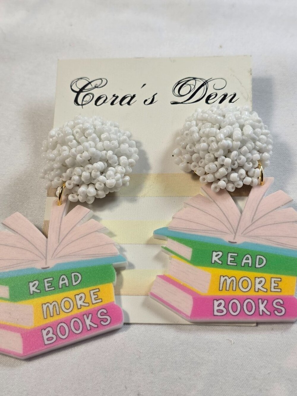 Cora's Den Read More Books Dangle Earrings White Beaded Cluster Bookworm Gift
